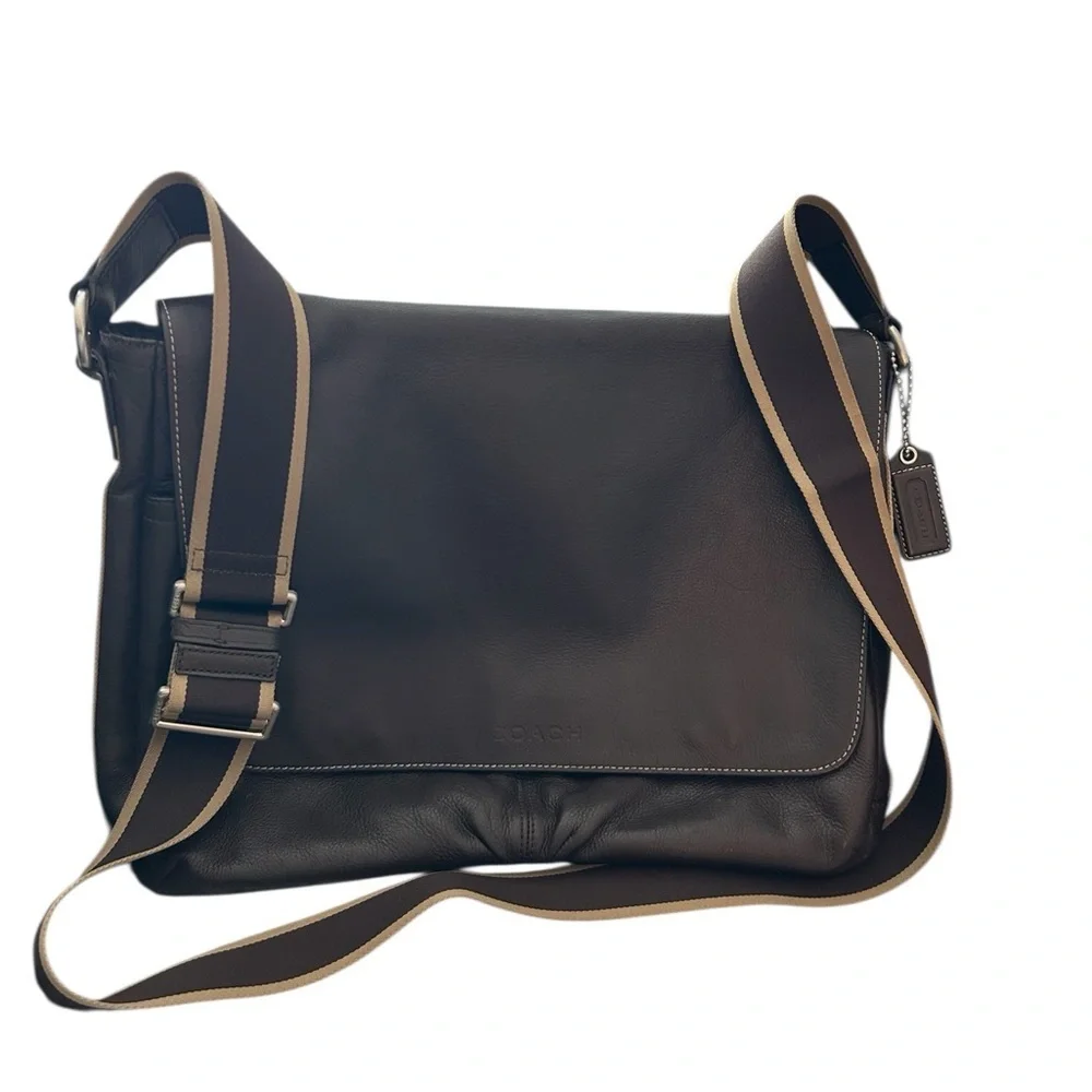 Coach Men's Heritage Web  Brown Leather Messenger Bag with Adjustable Strap